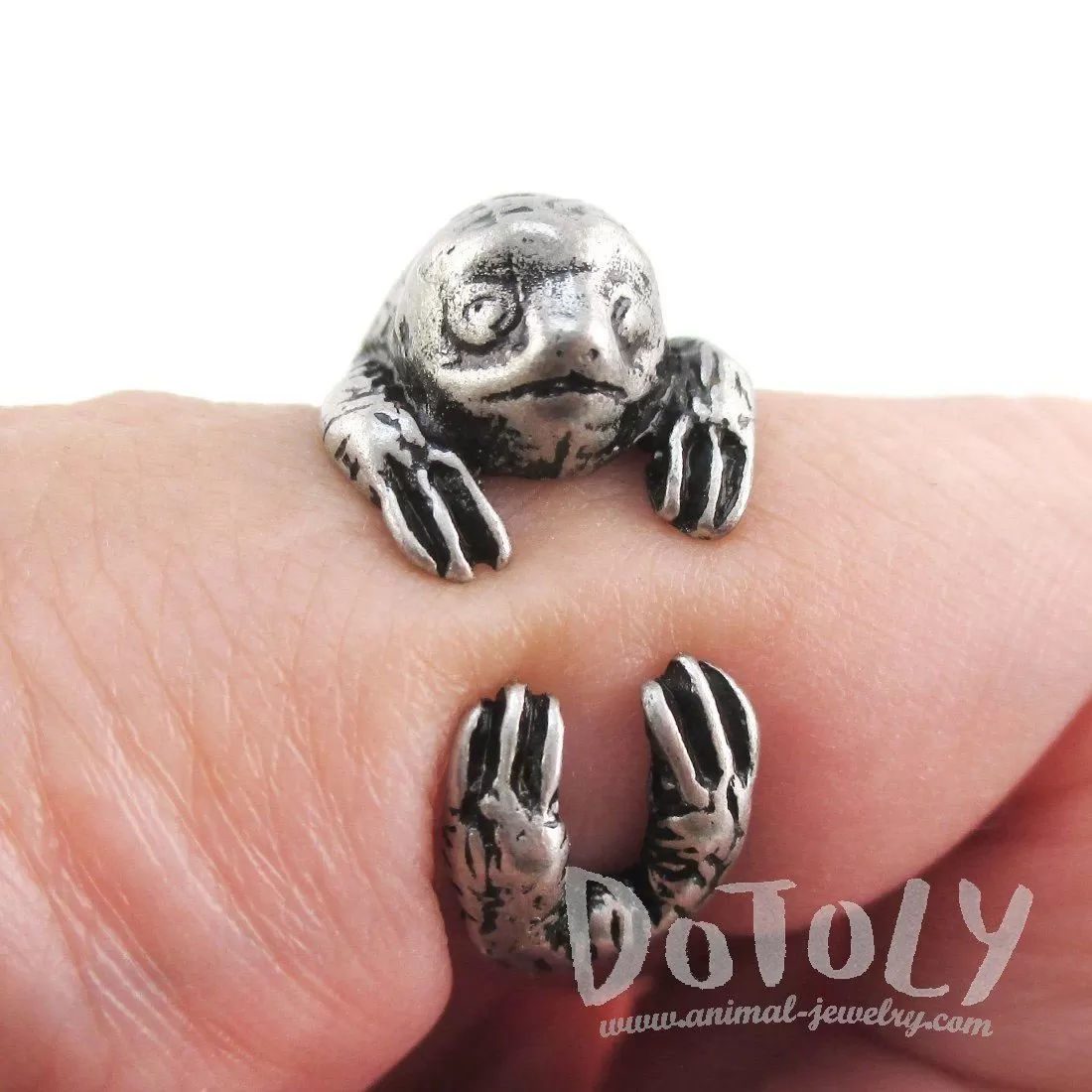 Three Toed Sloth Shaped Animal Wrapped Around Your Finger Ring in Silver