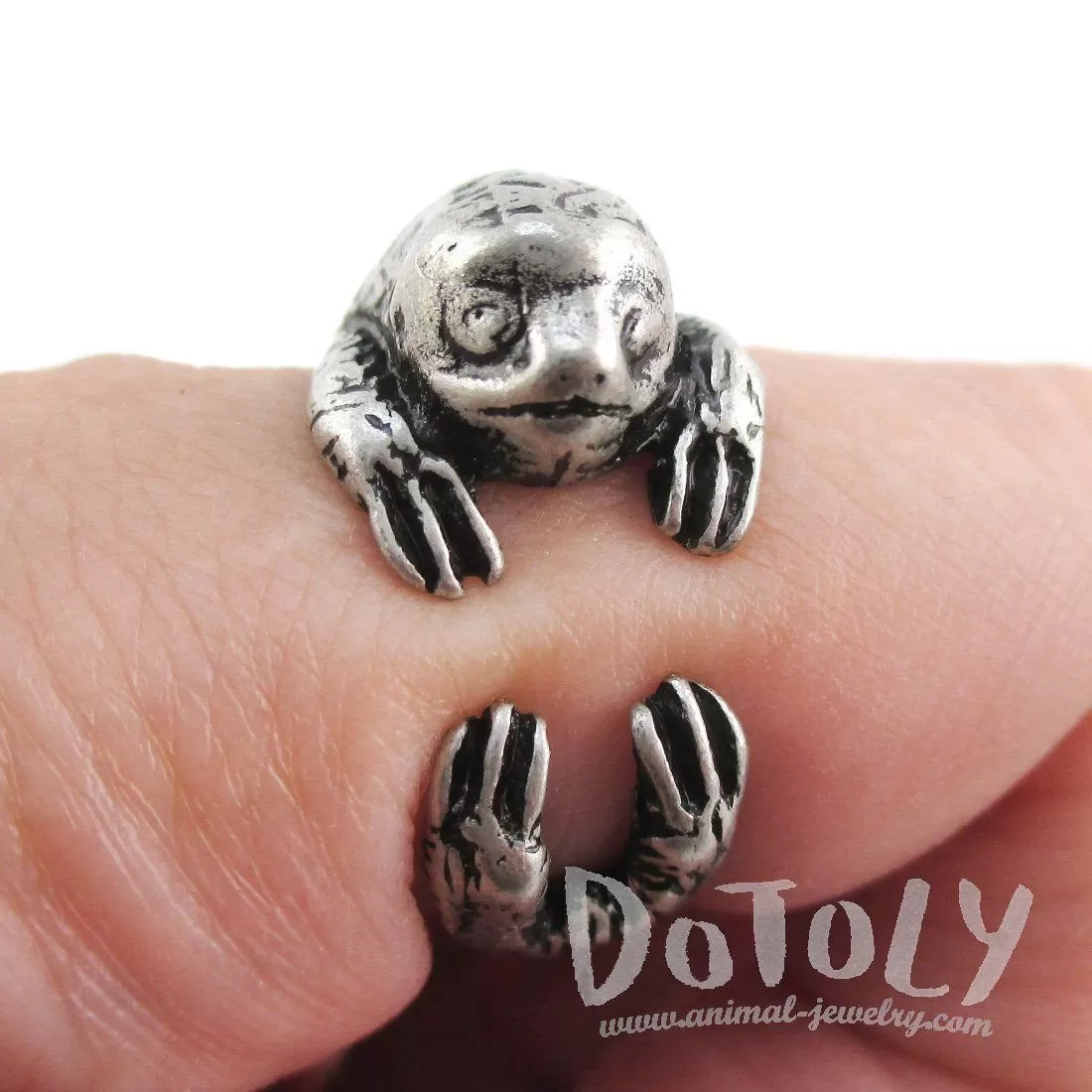 Three Toed Sloth Shaped Animal Wrapped Around Your Finger Ring in Silver