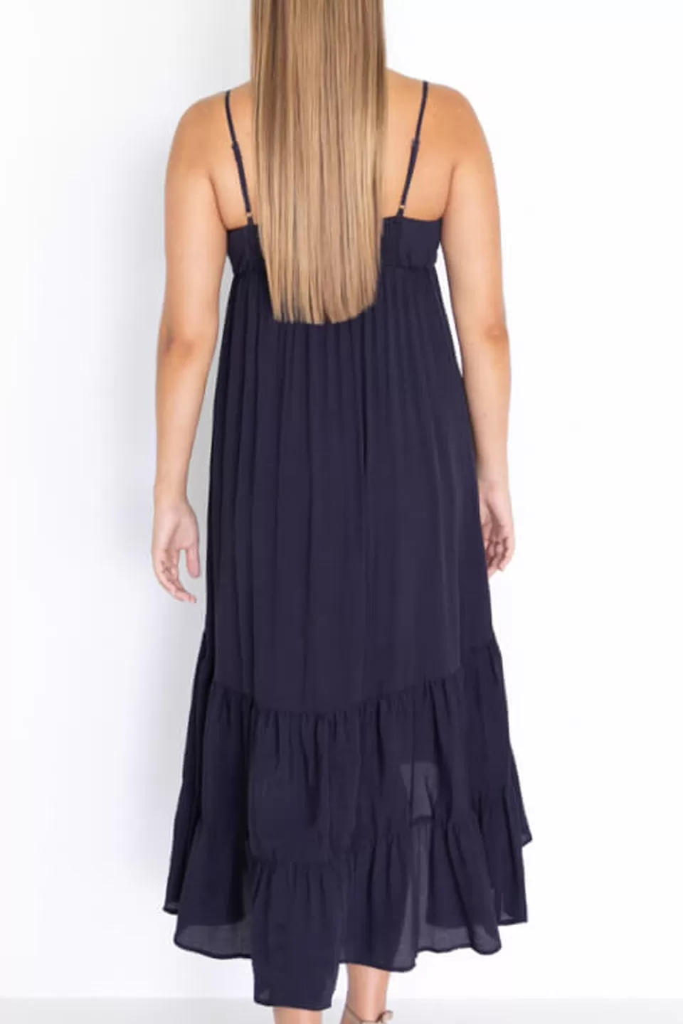 Tiered Strappy Navy Midi Dress