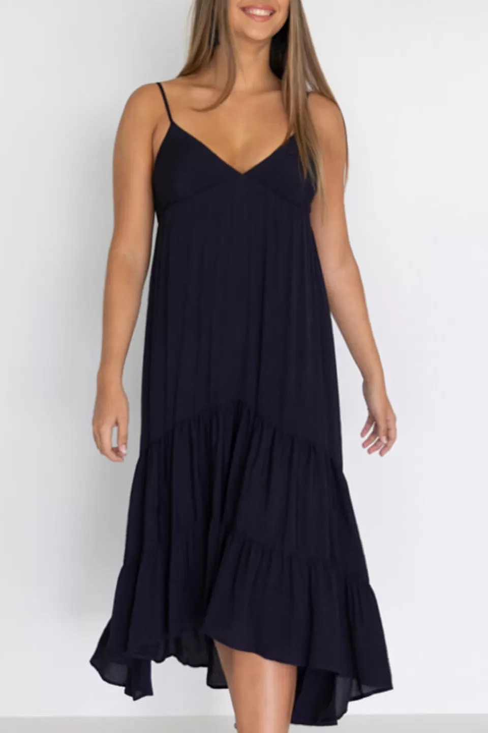 Tiered Strappy Navy Midi Dress