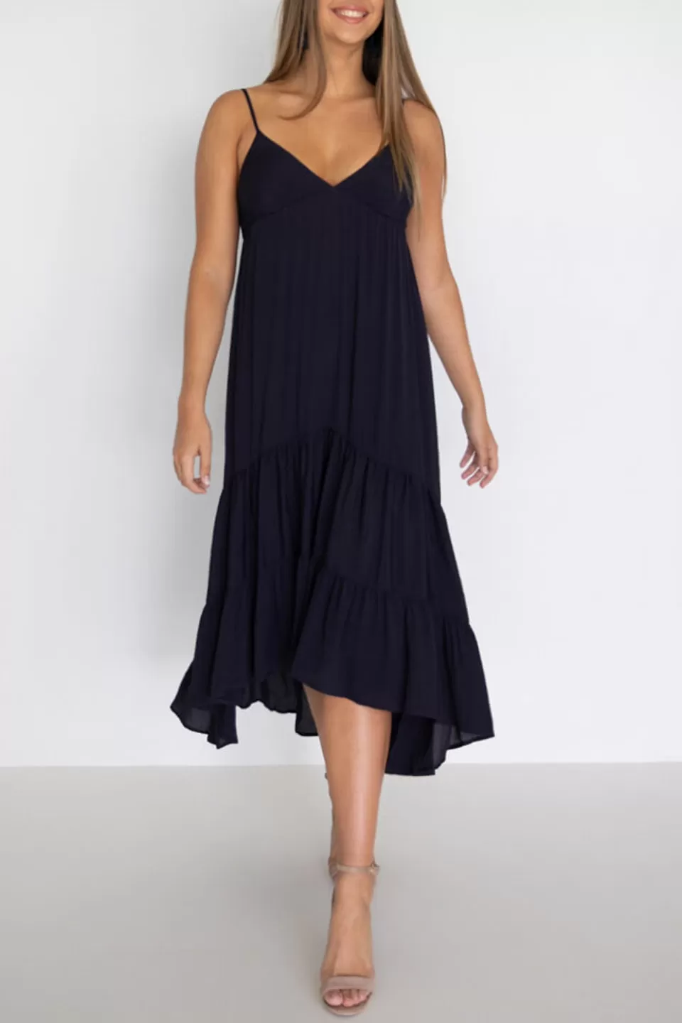 Tiered Strappy Navy Midi Dress