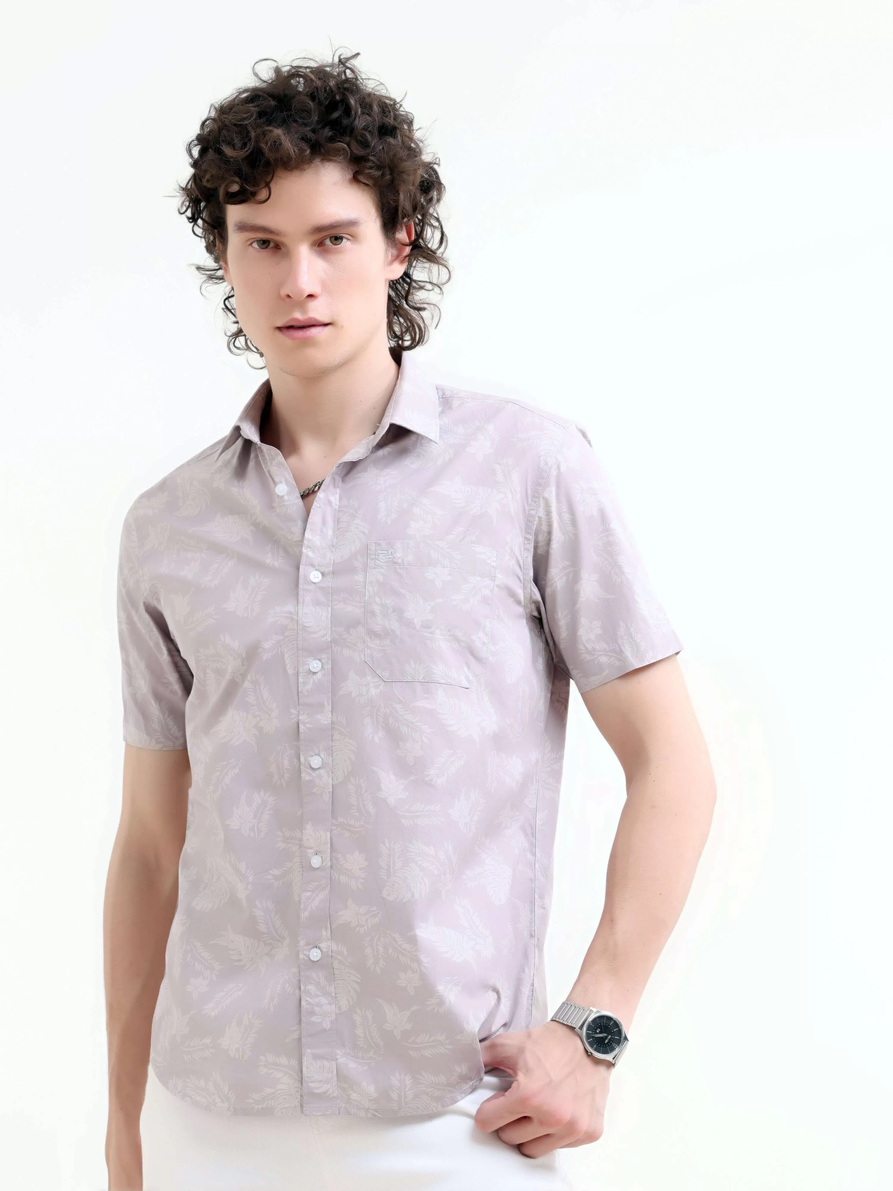 Tropical palm tree dusky purple printed shirt