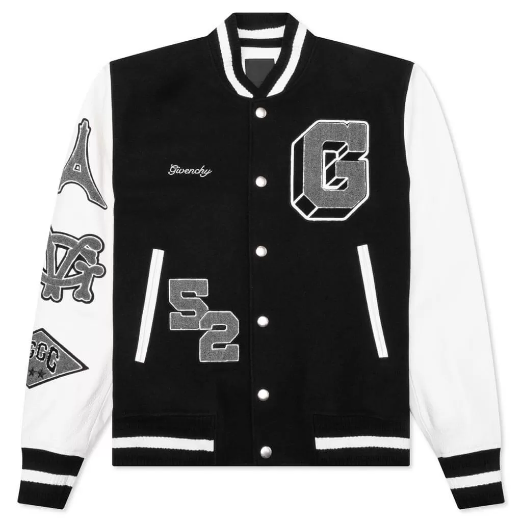 Varsity Bomber Jacket w/ Patches - Black/White