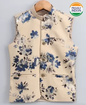 VASTRAMAY Boy's Digital Foil Printed Cream Nehru Jacket