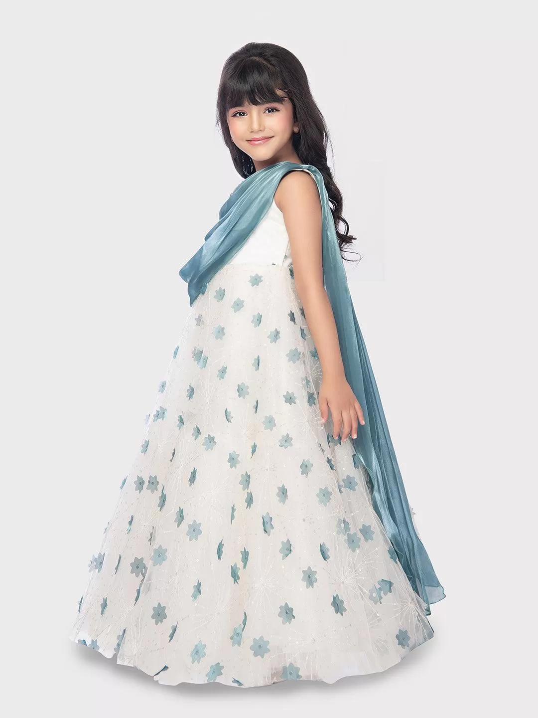 White With Blue Coloured Ball Gown For Girls / Birthday Party Wear Outfit For Kids / Online Dresses