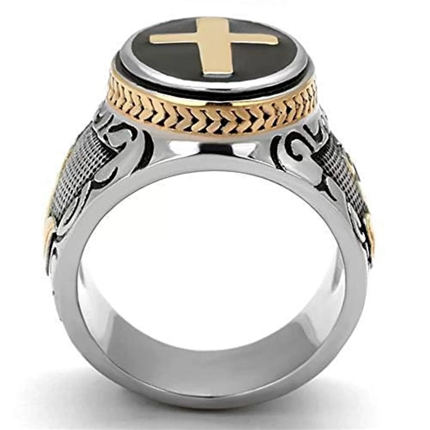 WildKlass Stainless Steel Ring Two-Tone IP Rose Gold Men Epoxy Jet