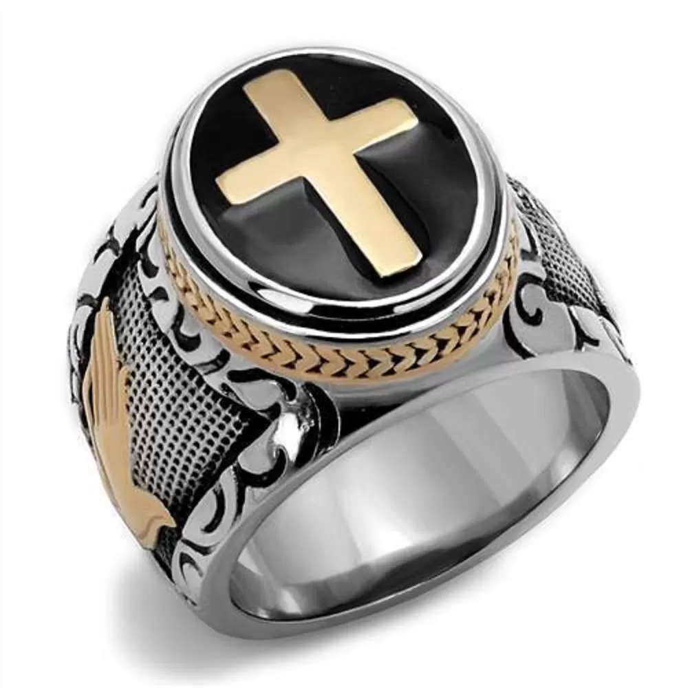 WildKlass Stainless Steel Ring Two-Tone IP Rose Gold Men Epoxy Jet