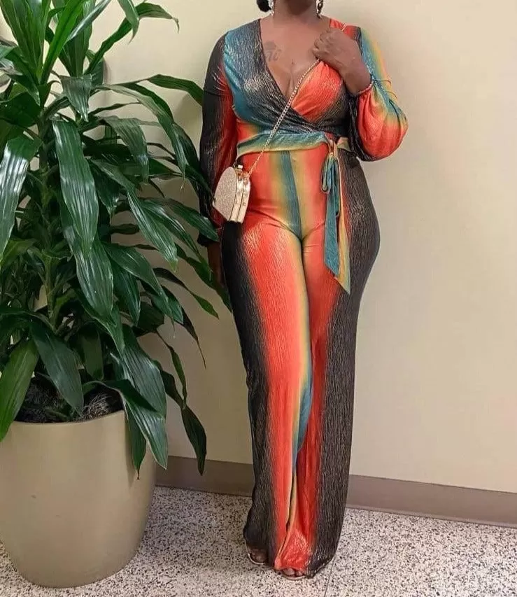 WOMEN FOIL PRINTED GRADIENT STRIPE JUMPSUIT